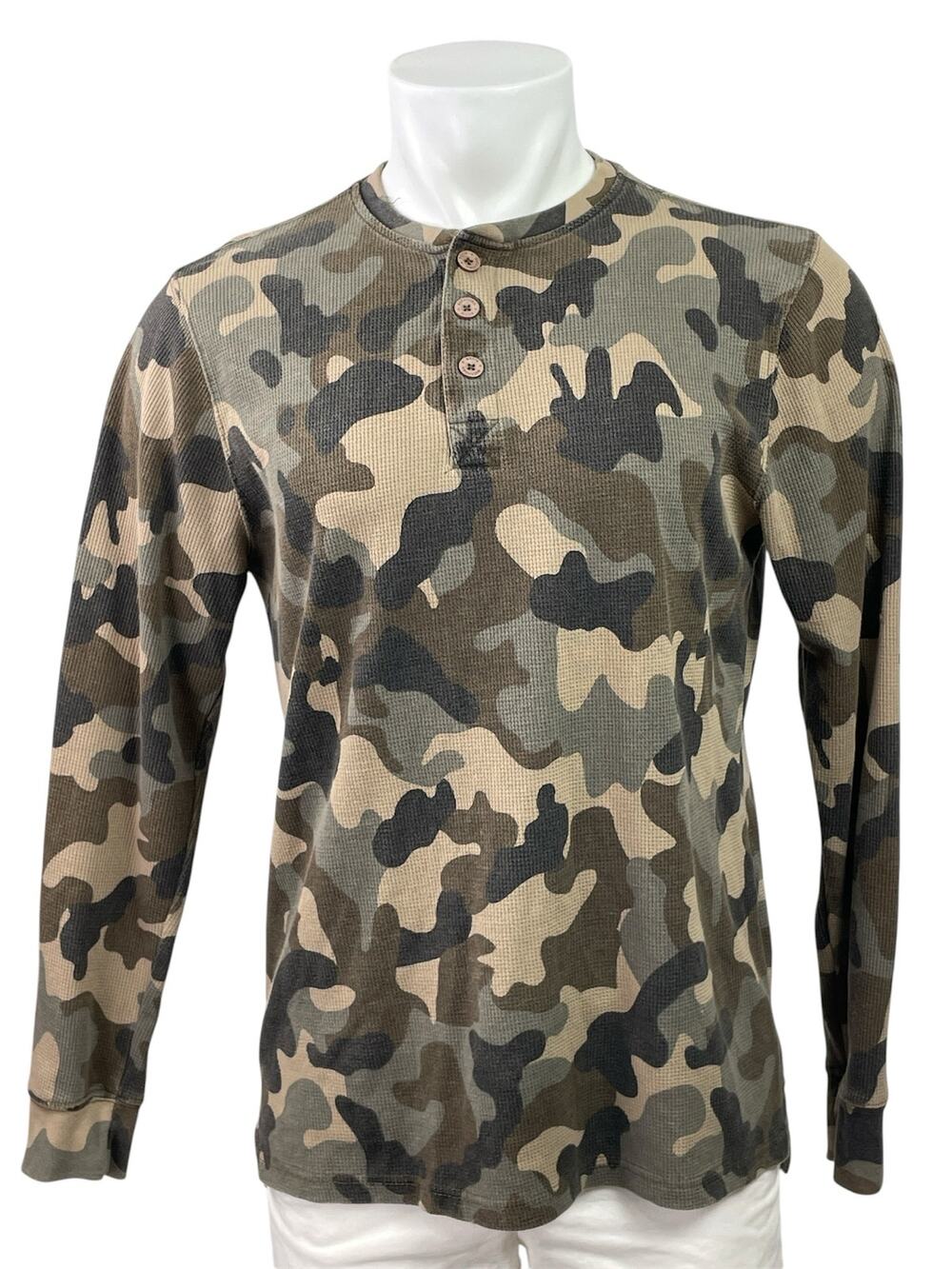 Buckhorn River Mens Green Camo Camouflage  Long Sleeve Henley Sweater Top Size M